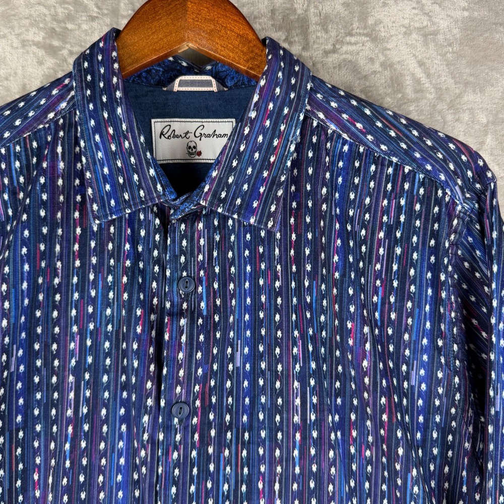 Robert Graham Mens 2XL Classic Fit Blue Striped Geometric Button Down Shirt